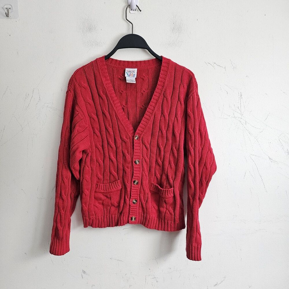 Vintage Talbots Kids Red Cable Knit Cardigan Sweater Size L 100% Cotton V-Neck